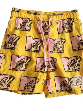 MTV Board Shorts Men's S Yellow Pockets Drawstring Music Beach Surfer Novelty